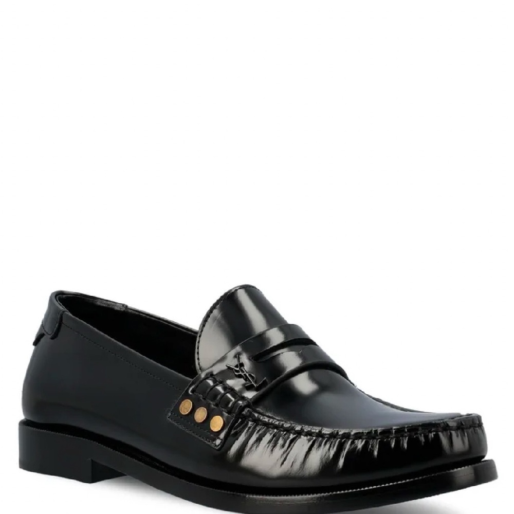 Yves Saint Laurent Black Patent Leather Penny Loafers with Gold Studs